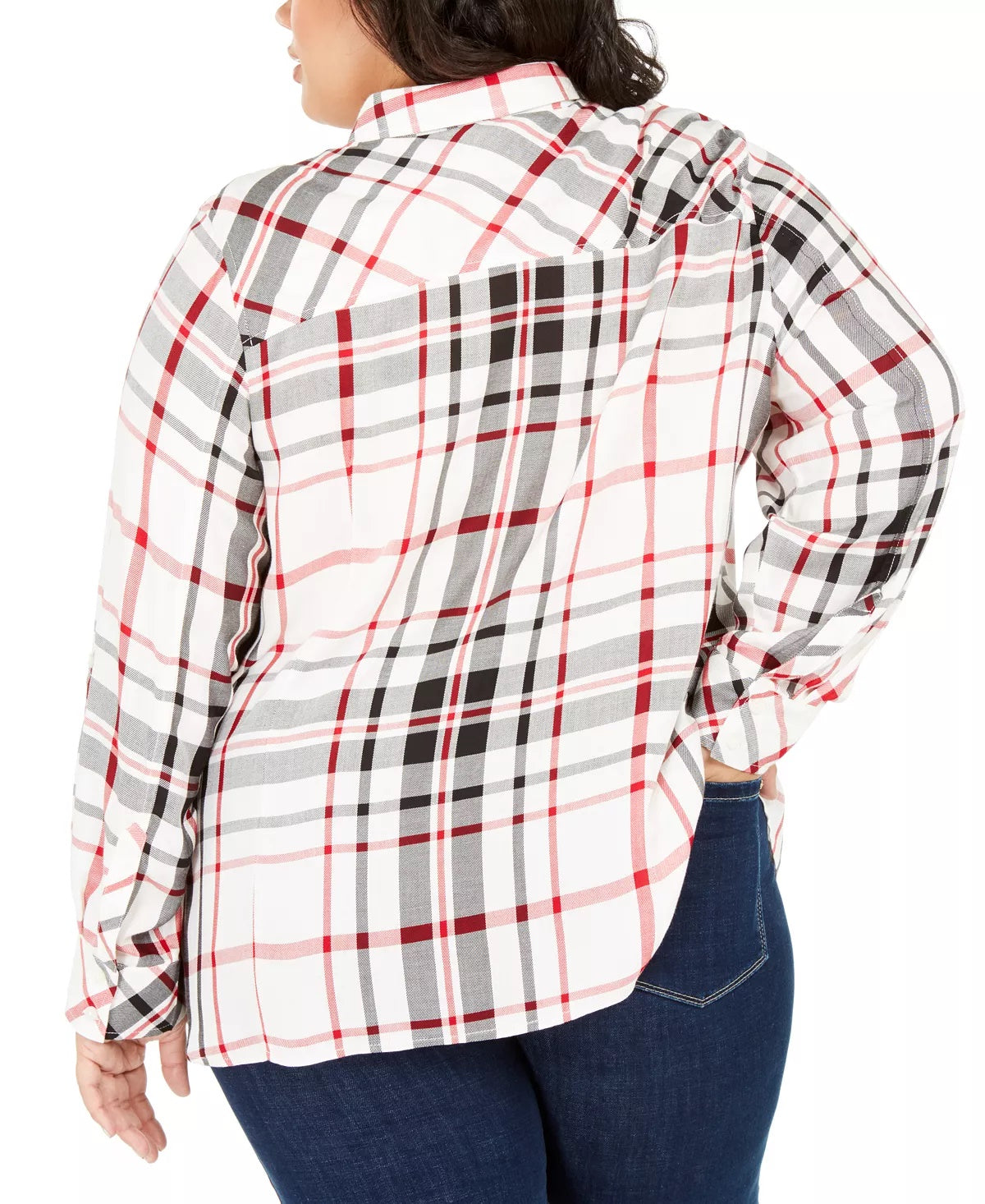 Tommy Hilfiger Women's Plus Size Plaid Button-Front Roll-Tab-Sleeve Top Red Size 0X