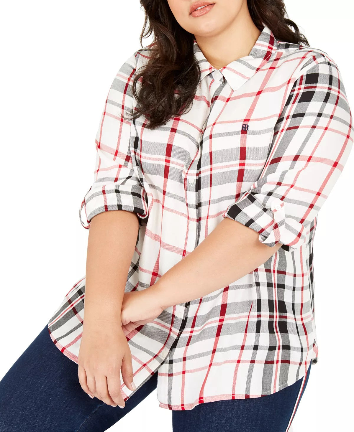 Tommy Hilfiger Women's Plus Size Plaid Button-Front Roll-Tab-Sleeve Top Red Size 0X