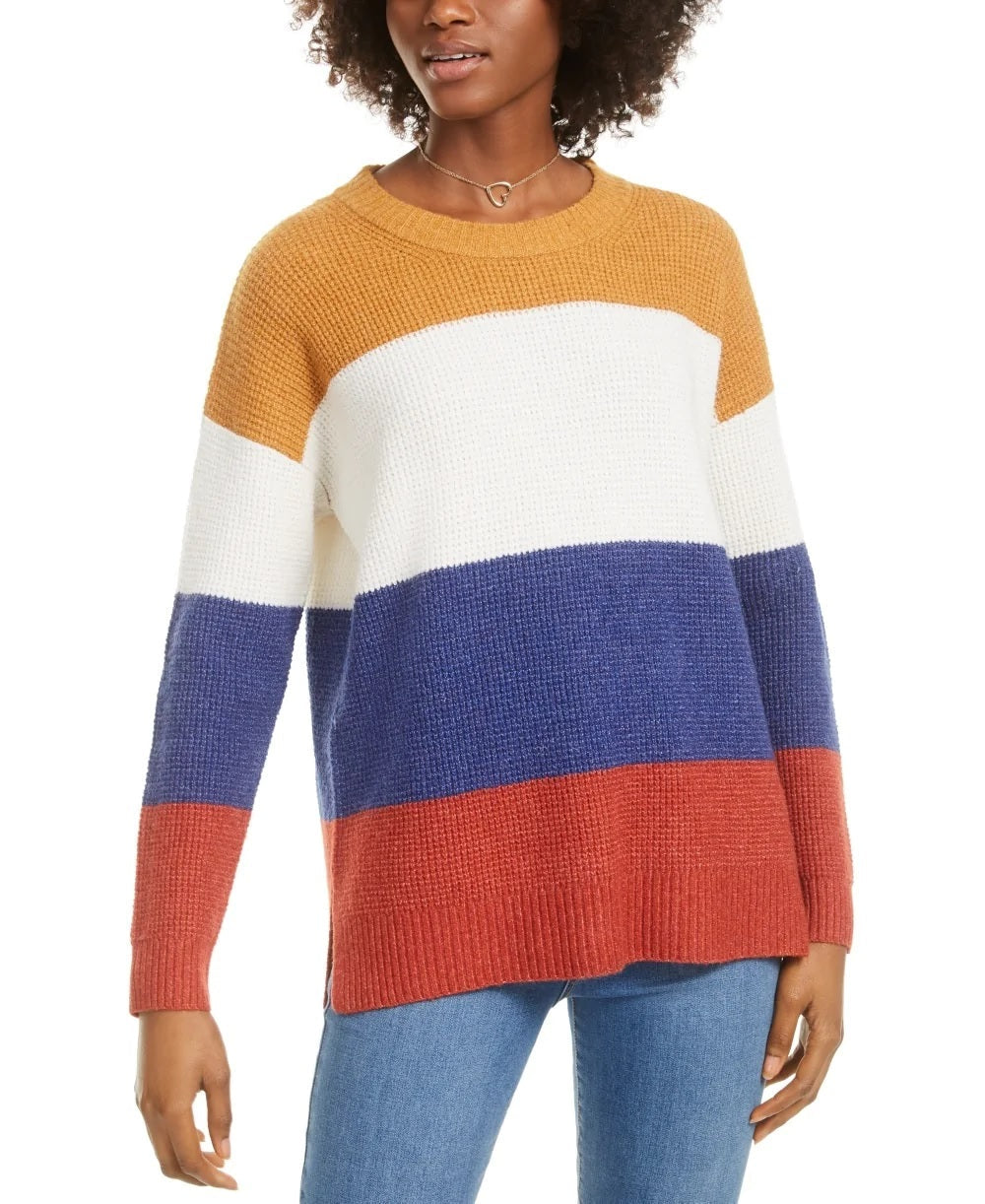 Hippie Rose Juniors' Colorblocked Thermal-Knit Sweater Golden  Size Small