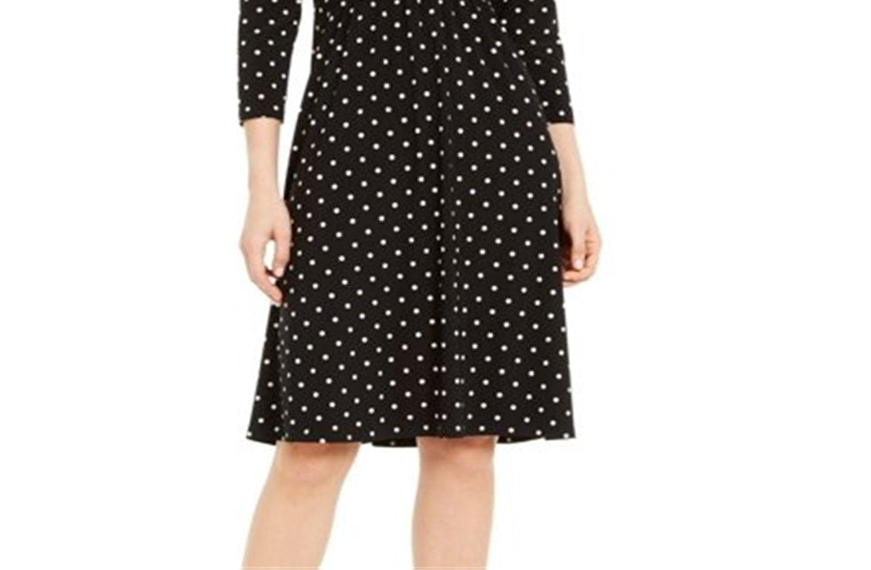 Anne Klein Women's Sheath Polka Dot Surplice Dress Black Size Medium