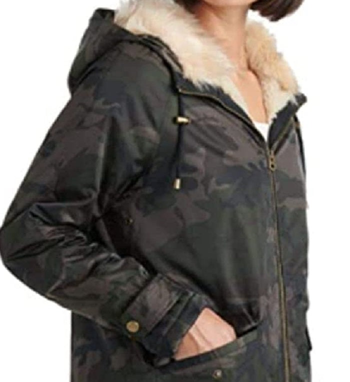 Lucky Brand Women's Faux Fur Camouflage Zip up Winter Jacket Coat Green Size X-Large