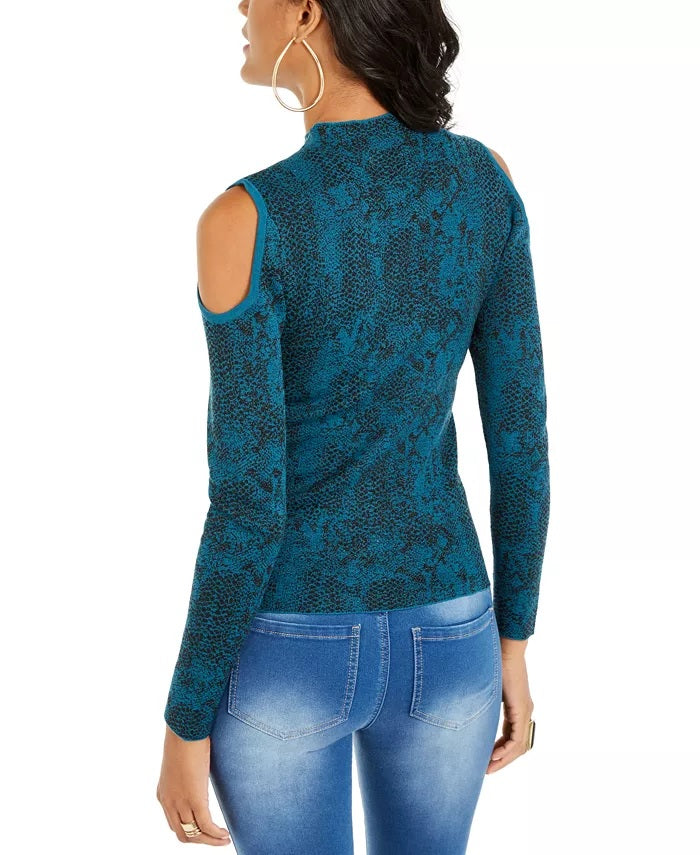 Thalia Sodi Women's Jacquard Cold-Shoulder Sweater Blue Size Small