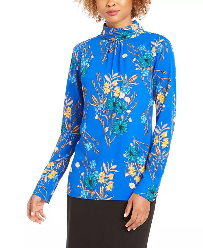 Calvin Klein Women's Floral-Print Mock-Neck Top Blue Size Medium