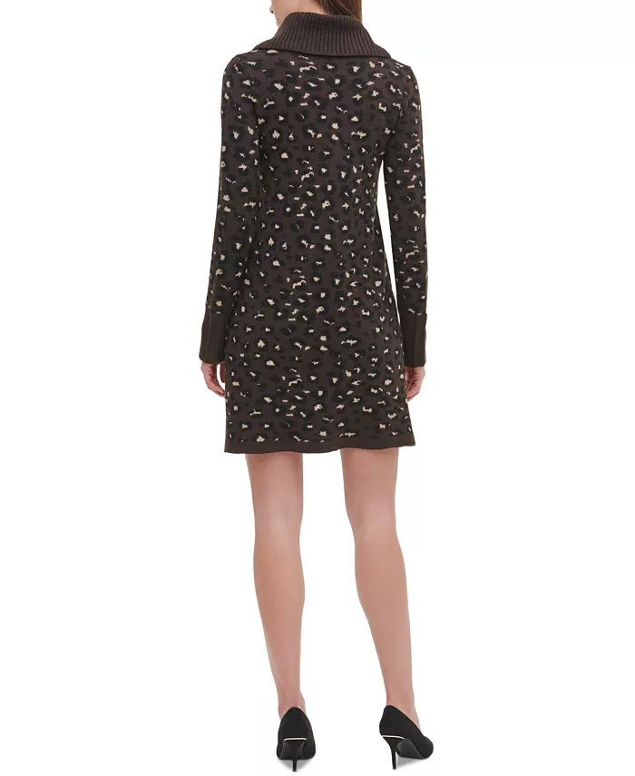 Tommy Hilfiger Women's Cowlneck Leopard-Print Sweater Dress Taupe Size X-Large