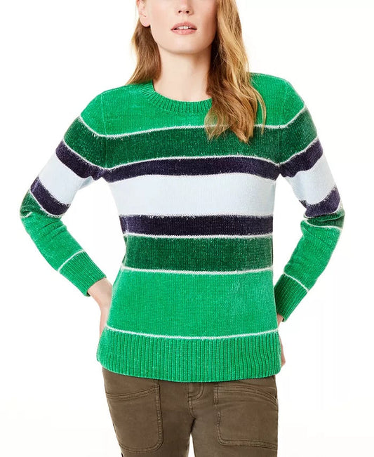 Maison Jules Women's Striped Metallic Chenille Sweater Bright Green Size Small