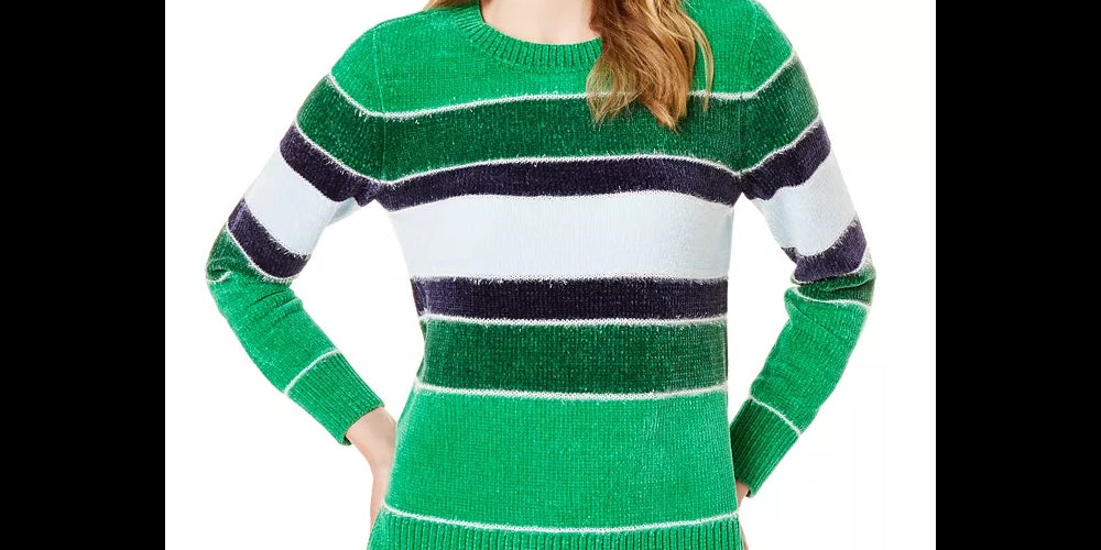 Maison Jules Women's Striped Metallic Chenille Sweater Bright Green Size Small