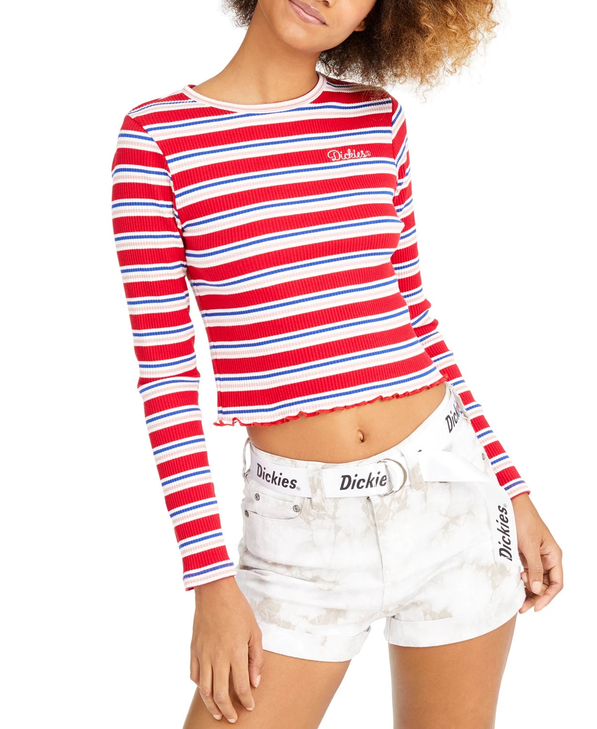 Dickies Women's Stripe Long-Sleeve Crop T-Shirt Red overflw Size Small