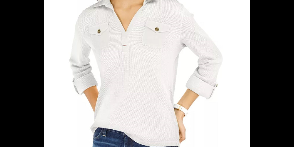 Tommy Hilfiger Women's Waffle Knit Popover Top White Size Large