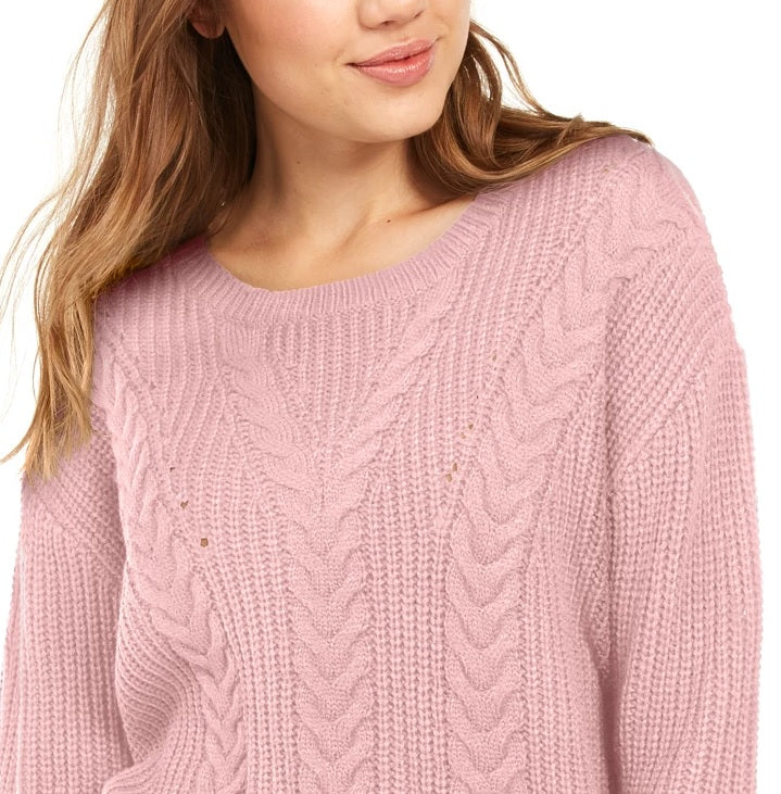 Crave Fame Women's Lace-Up Back Cable Sweater Pink Size Large