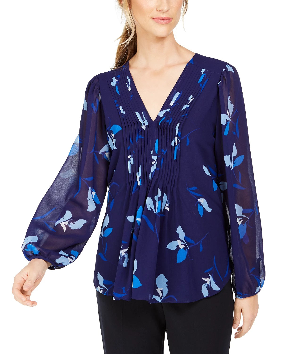 Calvin Klein Women's Floral Printed Pintuck-Pleated Blouse Blue Size Small