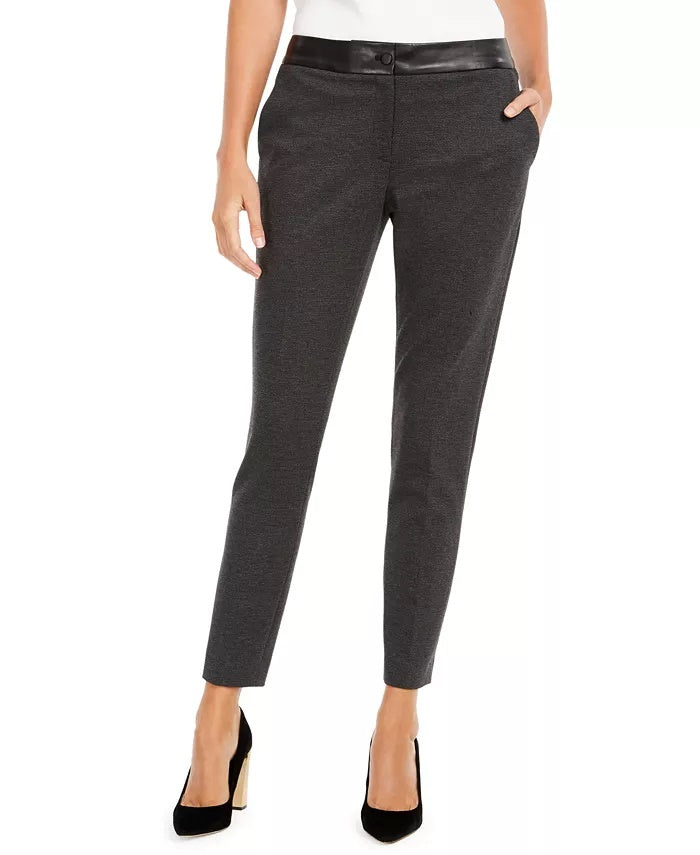 Calvin Klein Women's Faux Leather Trim Slim Leg Pants Dark Grey Size 14