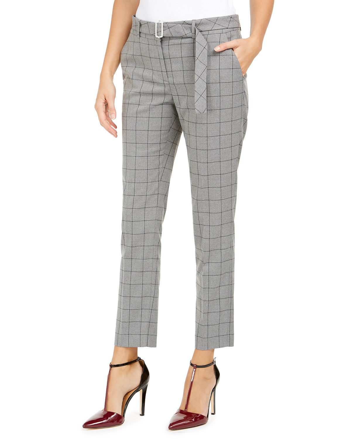 Calvin Klein Women's Windowpane-Print Belted Pants Gray Size 10