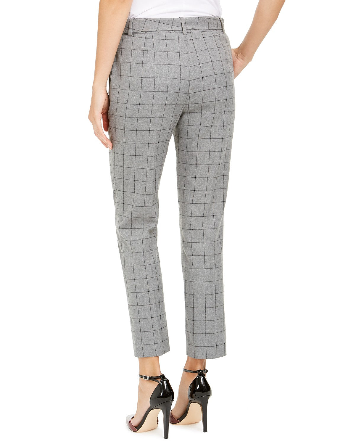 Calvin Klein Women's Windowpane-Print Belted Pants Gray Size 10