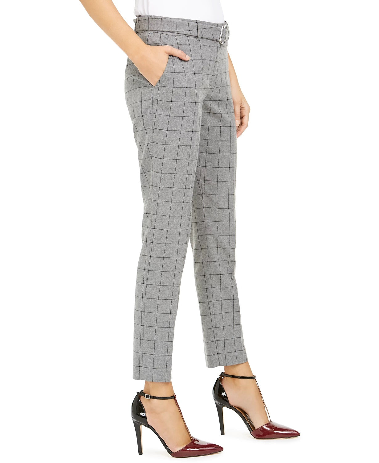 Calvin Klein Women's Windowpane-Print Belted Pants Gray Size 10