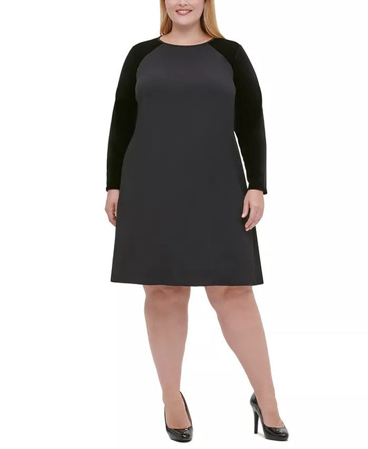 Tommy Hilfiger Women's Plus Velvet Sleeve A Line Dress Black Size 22W