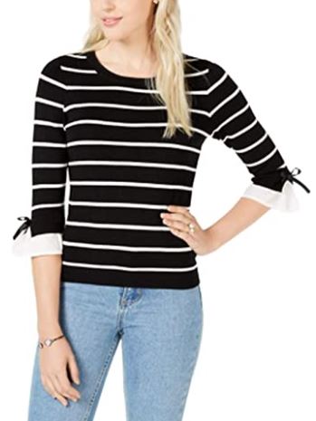 Maison Jules Women's Striped Bow Trim Sweater Black Size Medium