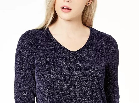 Maison Jules Women's Metallic V-Neck Sweater Navy Size Small