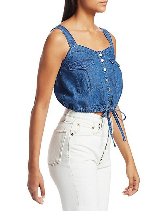 Free People Women's Palm Desert Denim Top Navy Size Medium