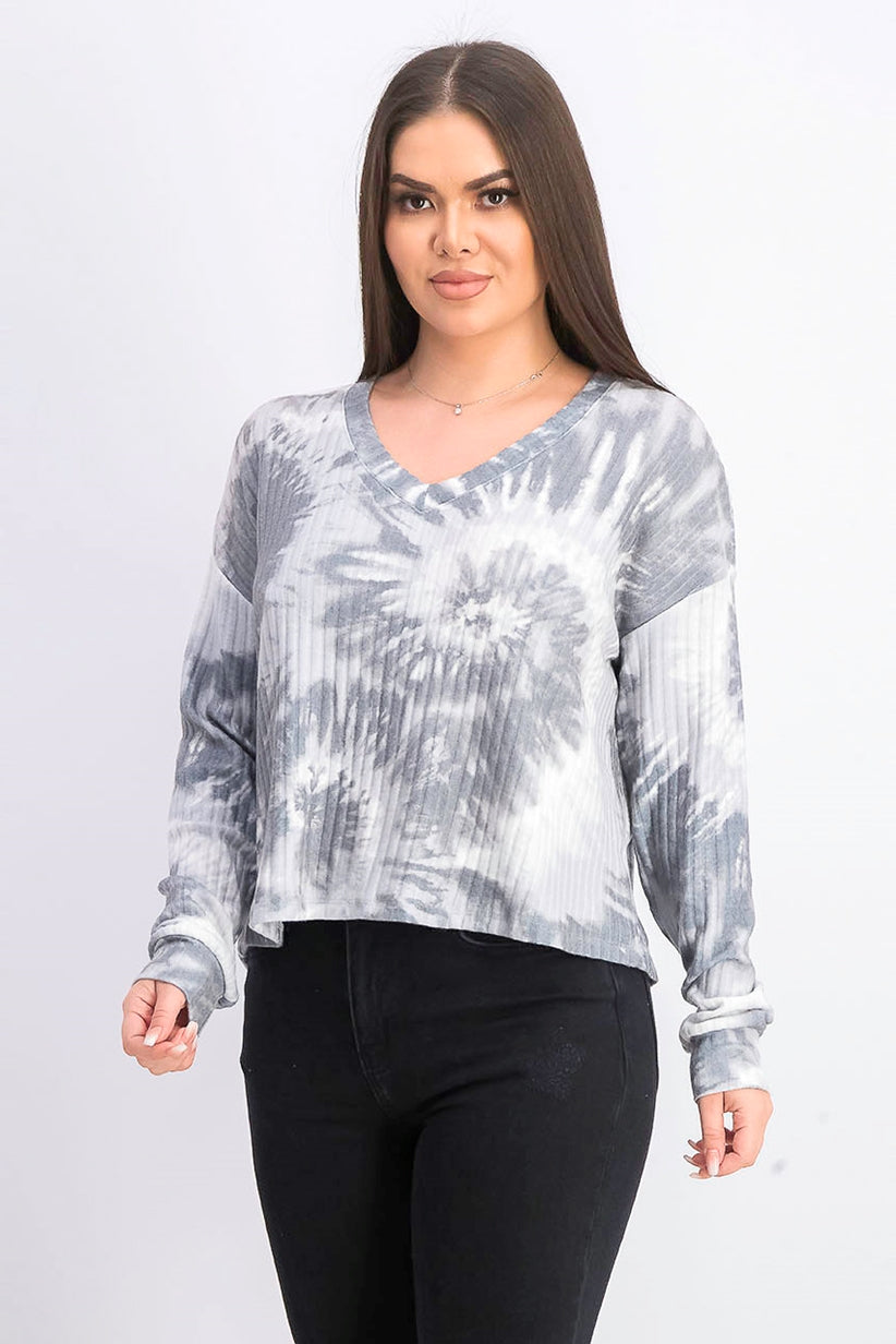 Crave Fame Juniors' Cozy Ribbed Tie-Dyed Top Black Size Medium