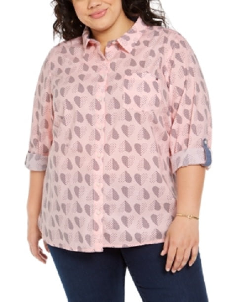 Tommy Hilfiger Women's Plus Size Polka Dot Heart Print Cotton Shirt Pink Size 2X