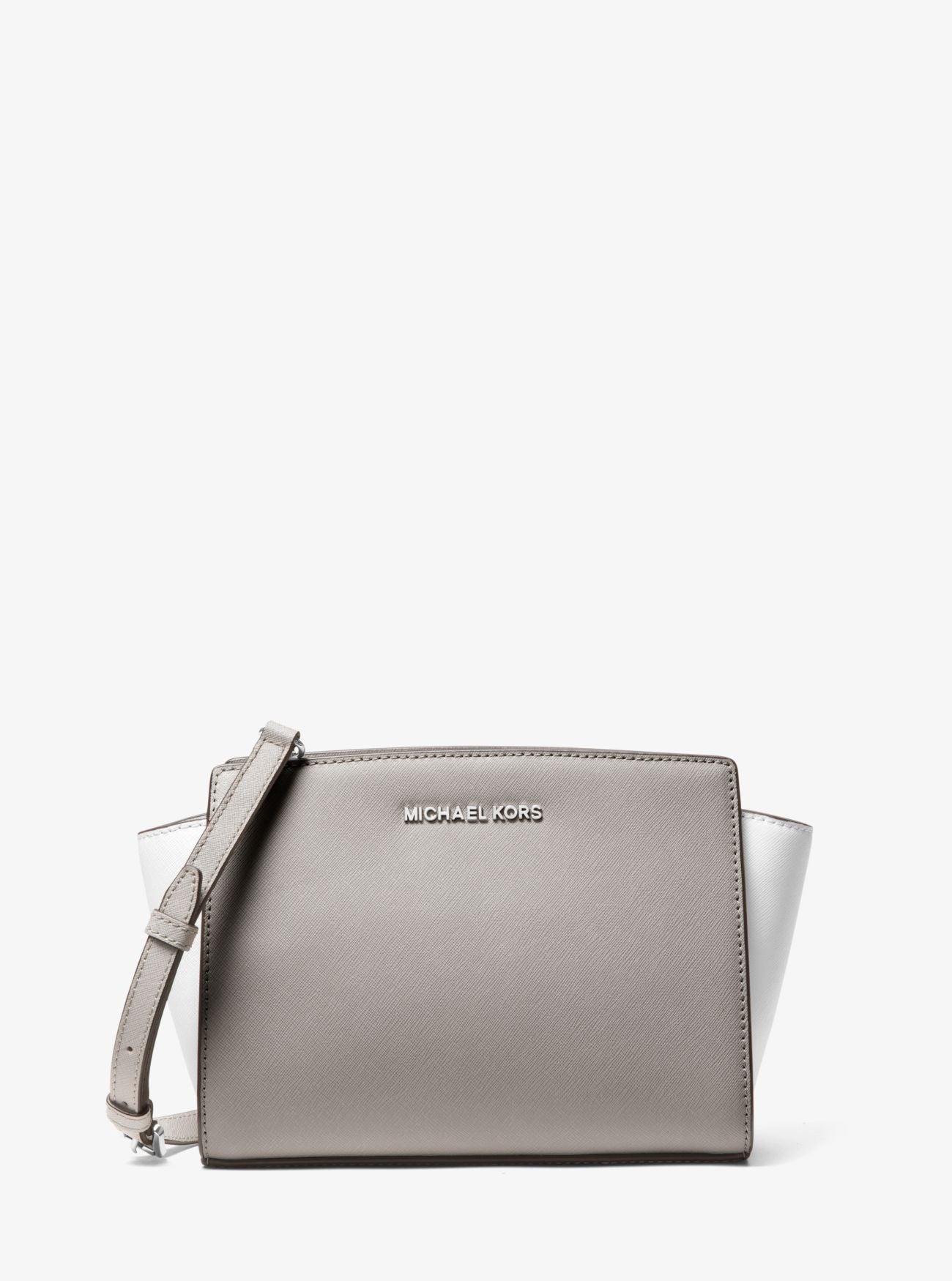 title:Michael Kors Women's Selma Medium Color-Block Saffiano Leather Crossbody;color:Pearl Grey /  White / Aluminium