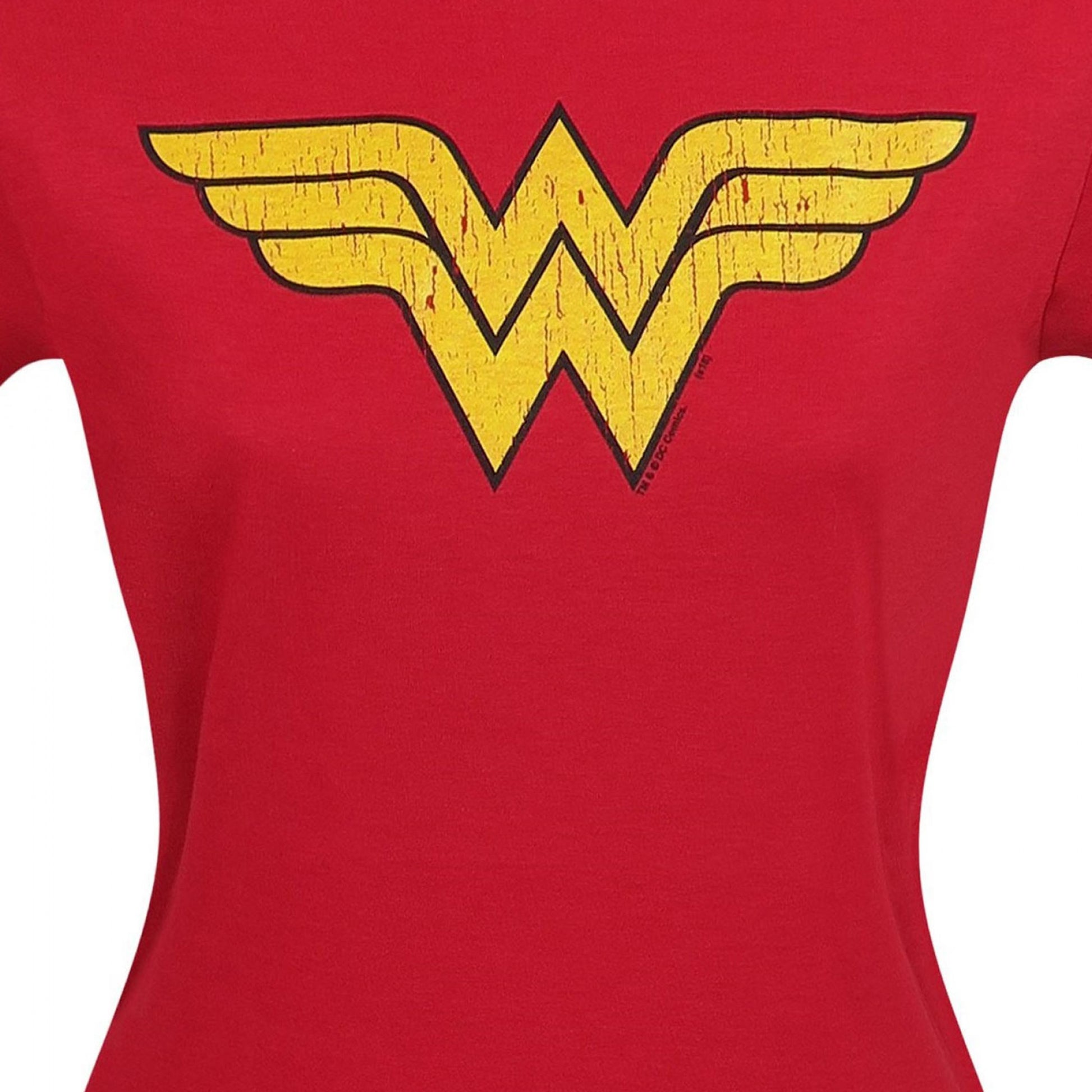 title:Wonder Woman Distressed Symbol T-Shirt for Women;color:Red