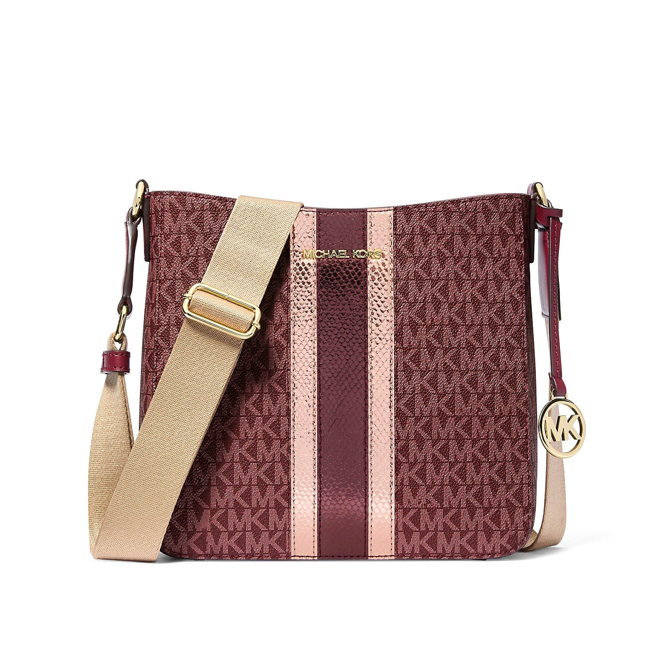 title:Michael Kors Women's Jet Set Travel Small Signature Logo and Metallic Messenger Bag;color:Oxblood