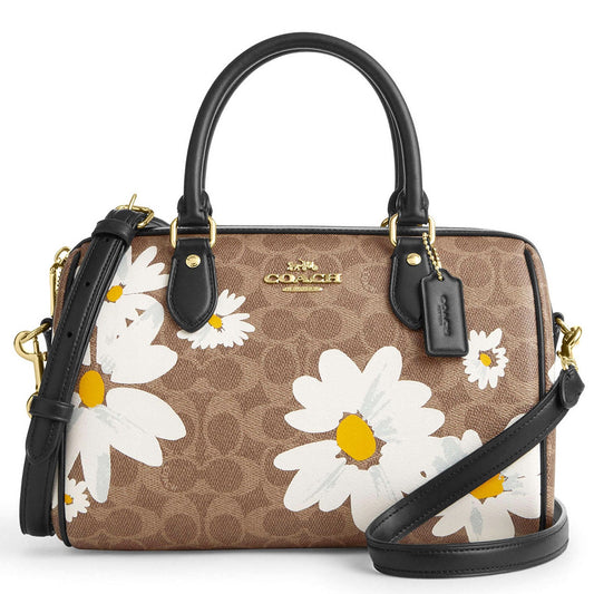 title:Coach Women's Rowan Satchel Bag In Signature Canvas With Floral Print;color:Tan / Multi