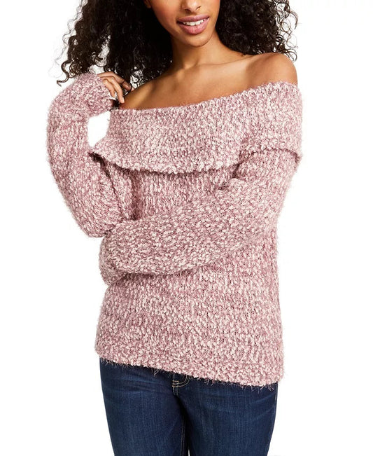 Freshman Juniors' Off-The-Shoulder Fuzzy Sweater Dark Pink Size X-Large