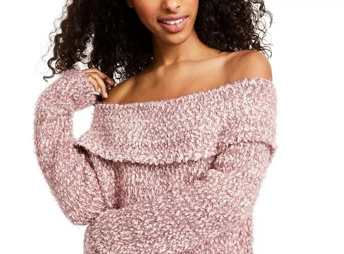 Freshman Juniors' Off-The-Shoulder Fuzzy Sweater Dark Pink Size X-Large