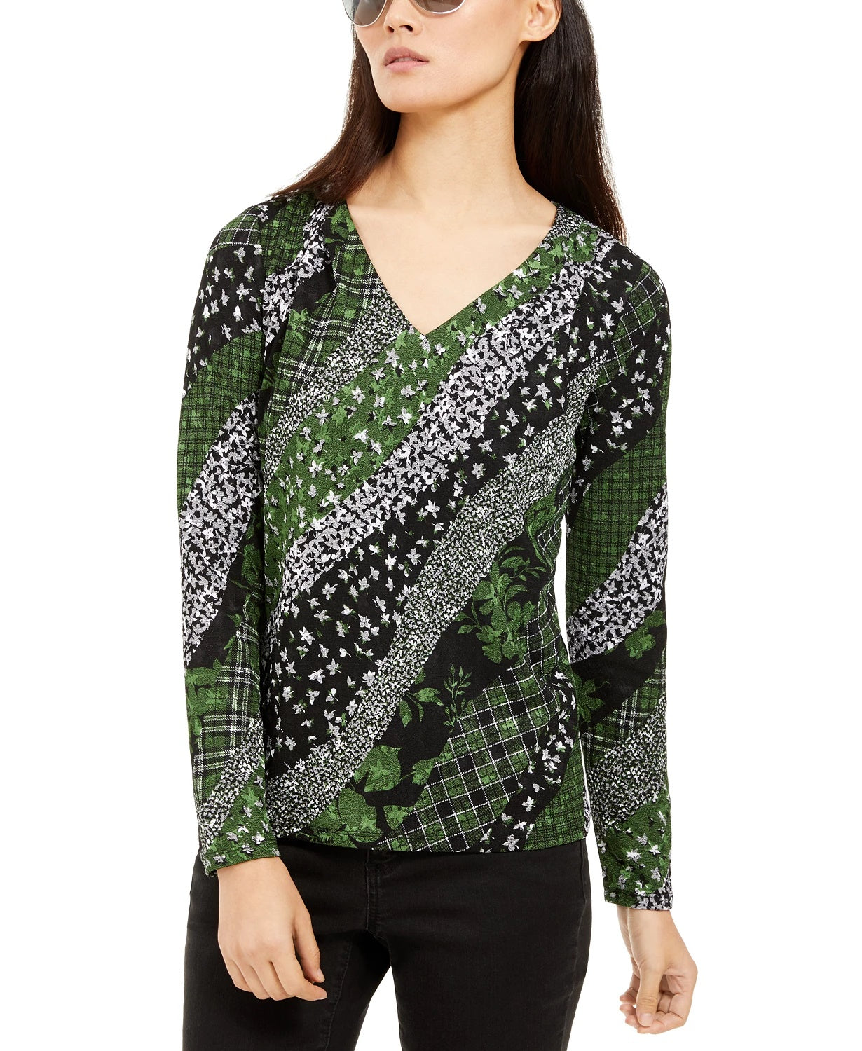 Michael Kors Women's Mixed Print Long-Sleeve Top Green Size Small