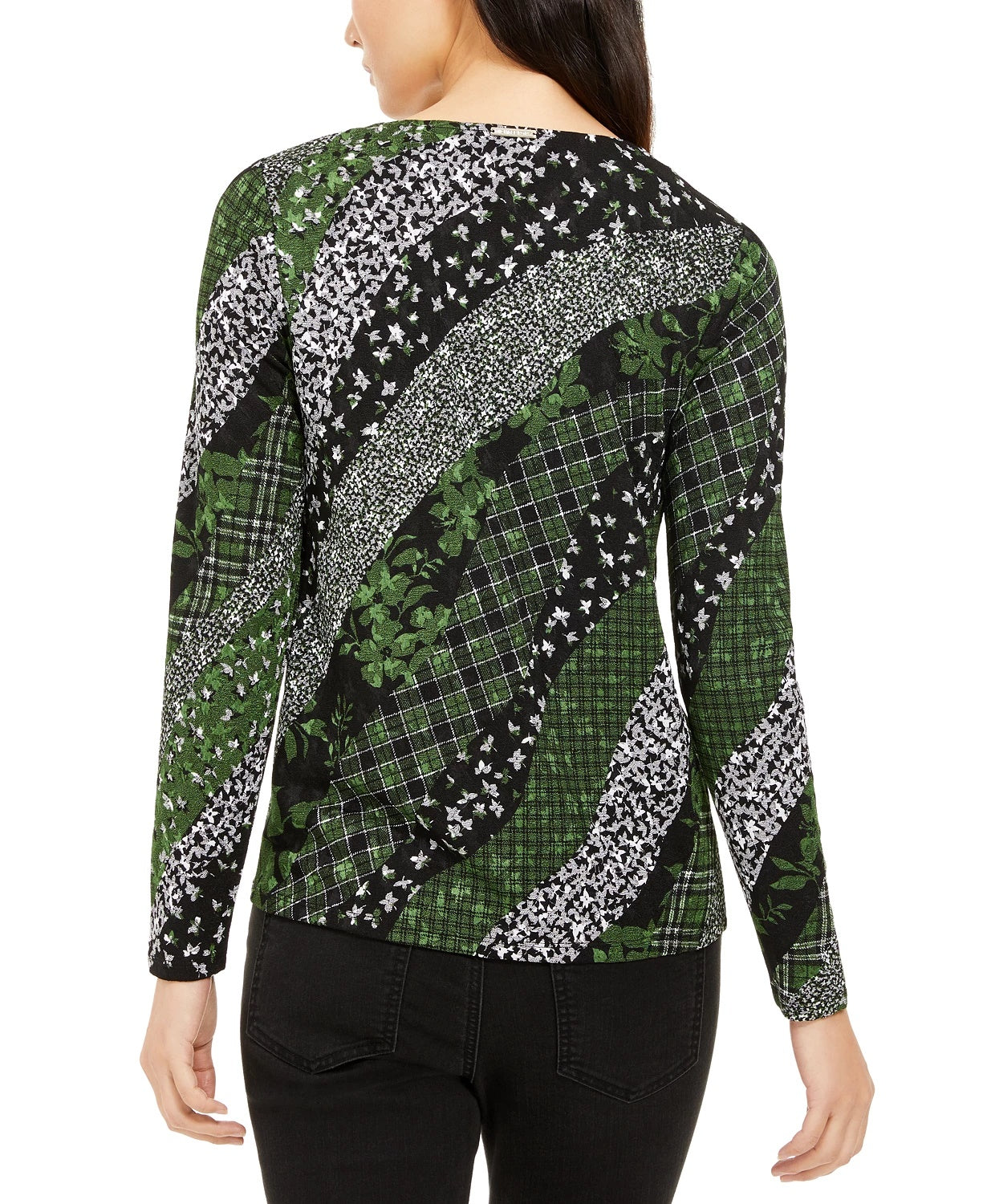 Michael Kors Women's Mixed Print Long-Sleeve Top Green Size Small