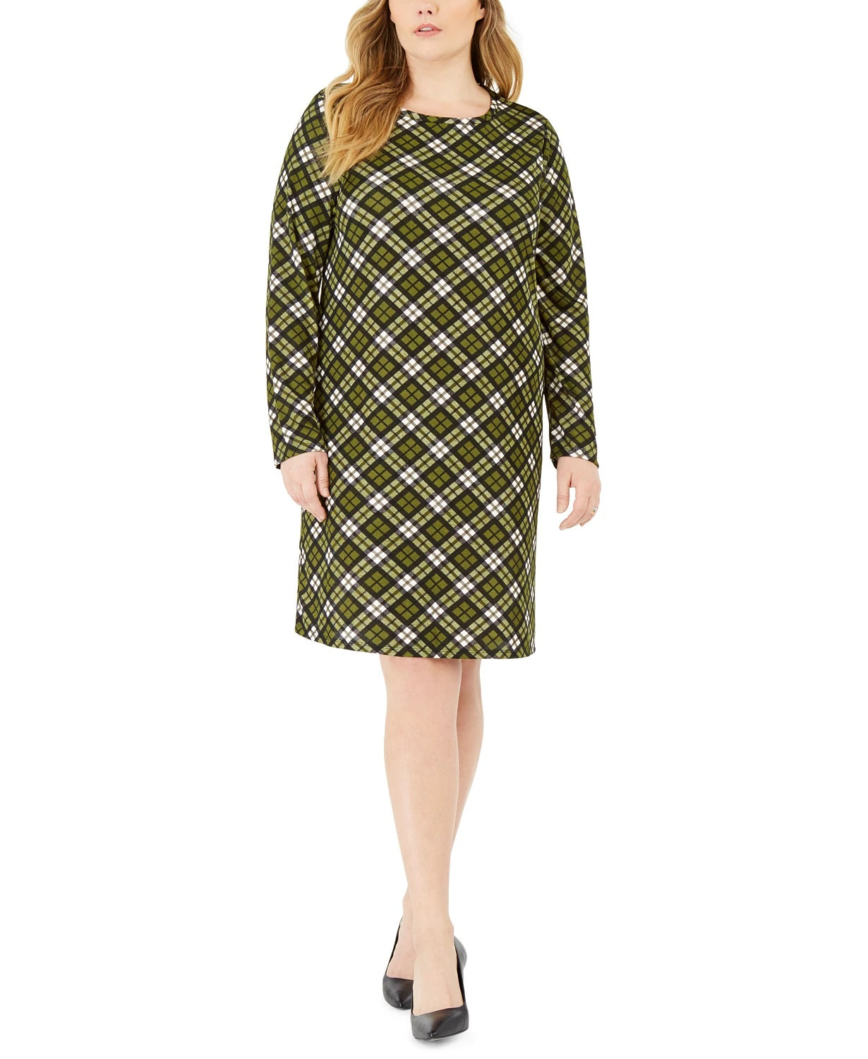 Michael Kors Women's Plus Plaid Long Sleeve Shift Dress Green Size 1X