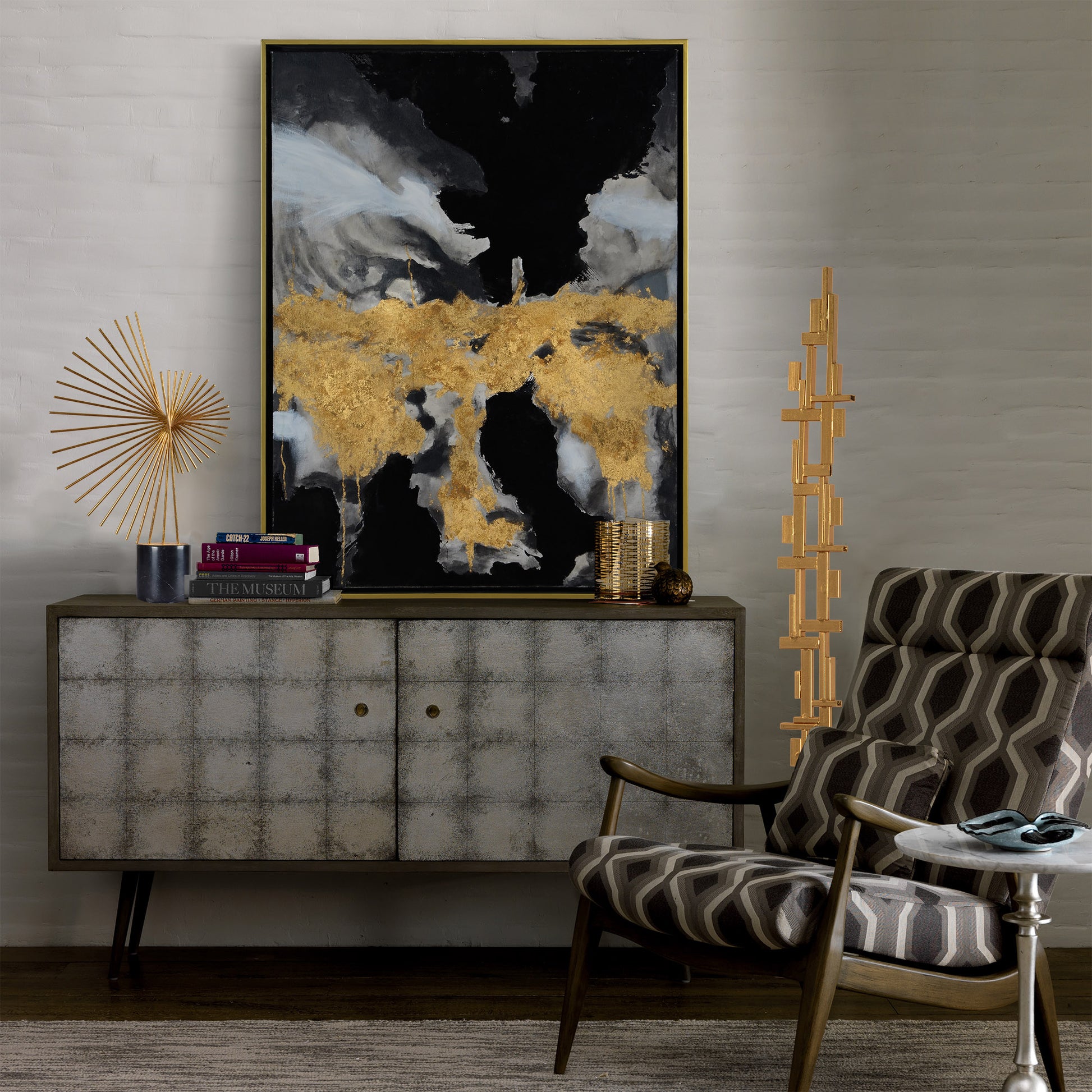 title:Royal Palm-37.6X49.6X3Gold Leaf Floating Frame/ Box 57X46X5";color:Black, Gold, Grey