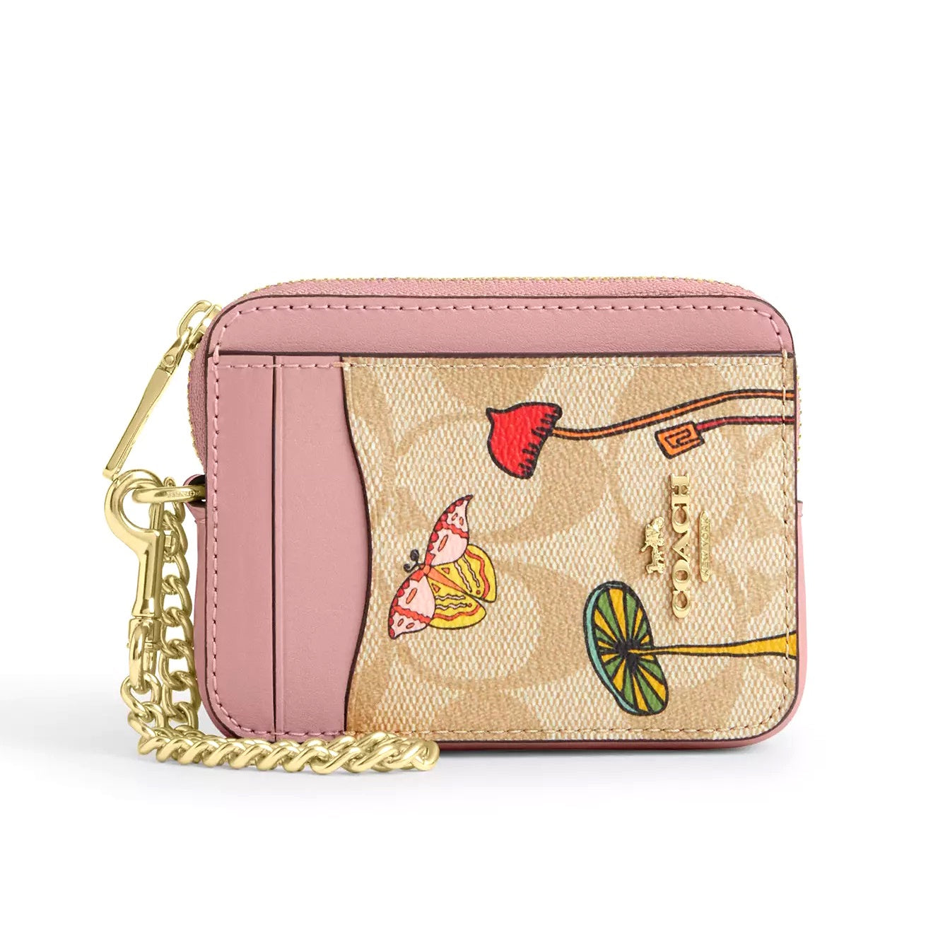 title:Coach Women's Coach X Observed By Us Zip Card Case In Signature Canvas;color:Light Khaki / Light Pink