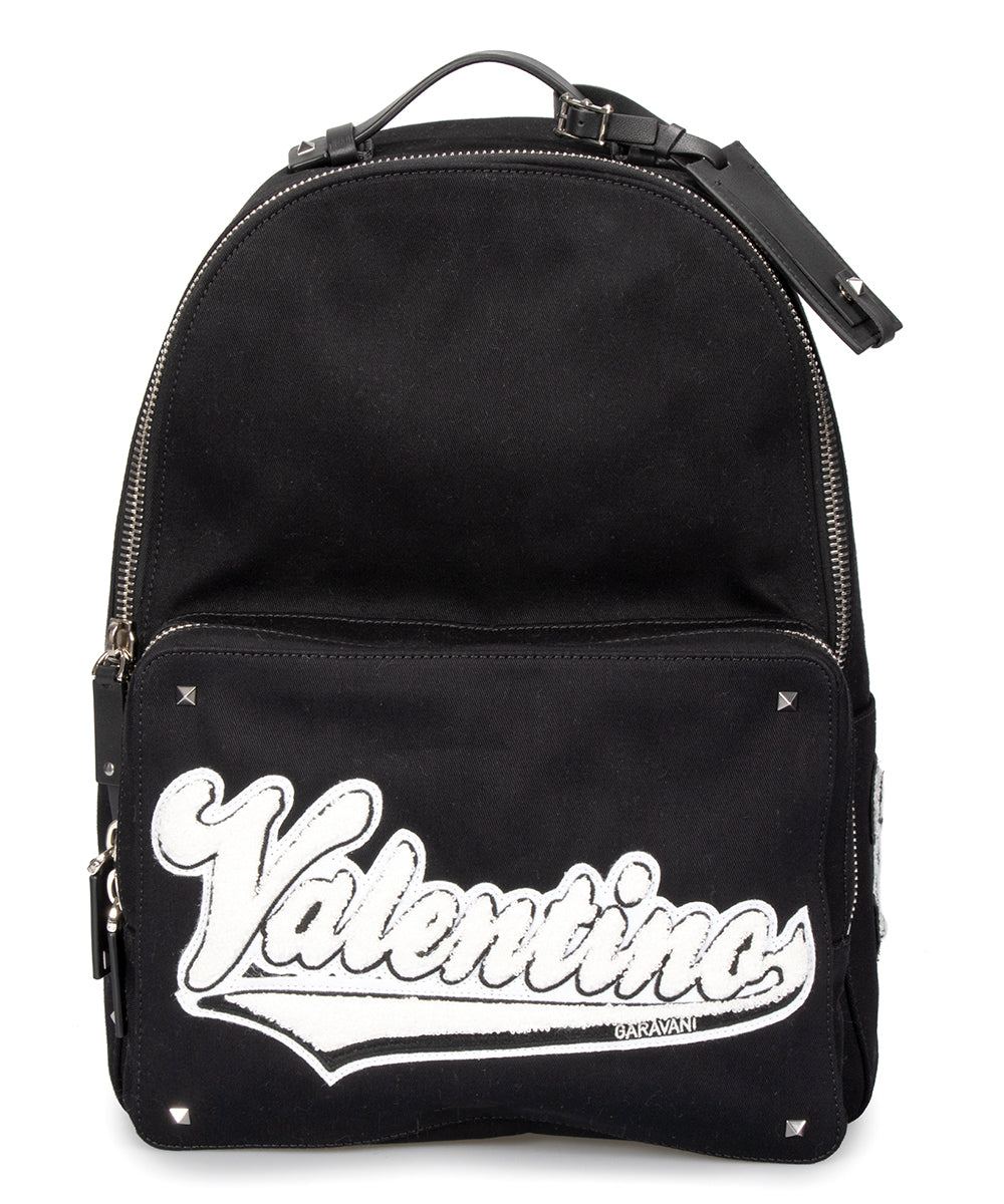 title:Valentino Black Fabric Backpack with Logo Applique;color:Black