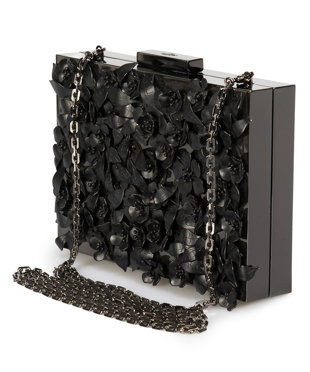 title:Valentino Appliqué Flowers Minaudiere in Black Metal;color:Black