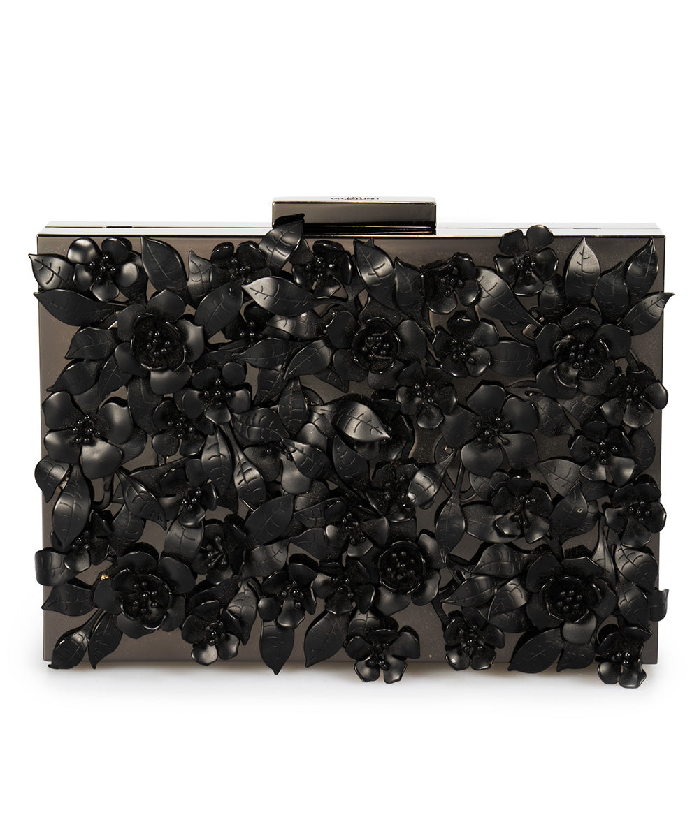 title:Valentino Appliqué Flowers Minaudiere in Black Metal;color:Black