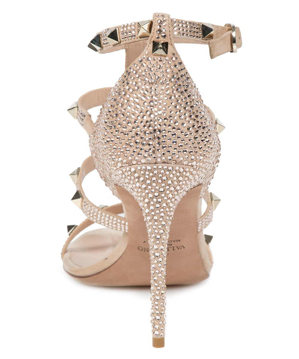 title:Valentino Metallic Pink Rockstud Sandals with Crystals;color:Pink