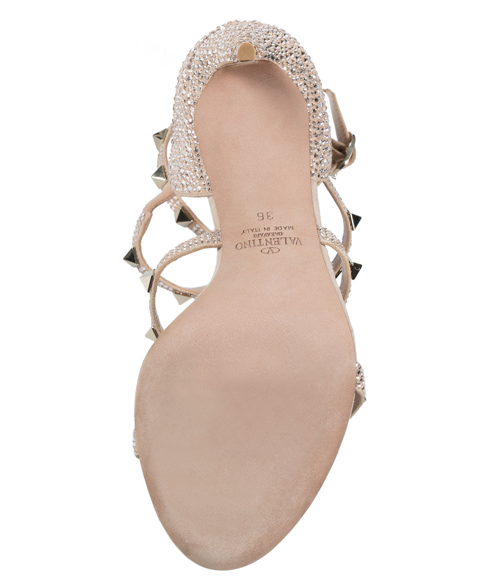 title:Valentino Metallic Pink Rockstud Sandals with Crystals;color:Pink