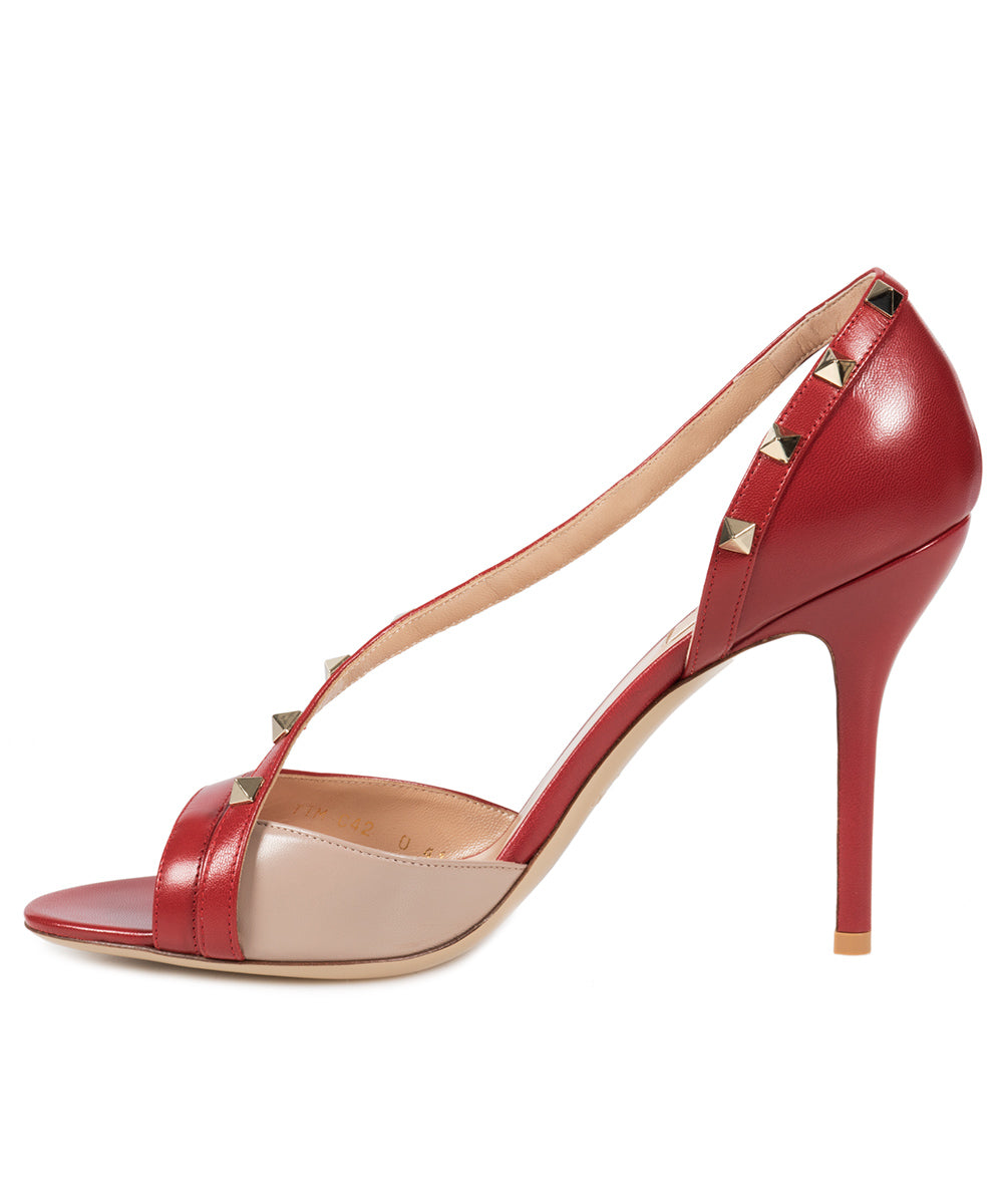 title:Valentino Rockstud Leather d'Orsay Peep Toe Pumps;color:Red