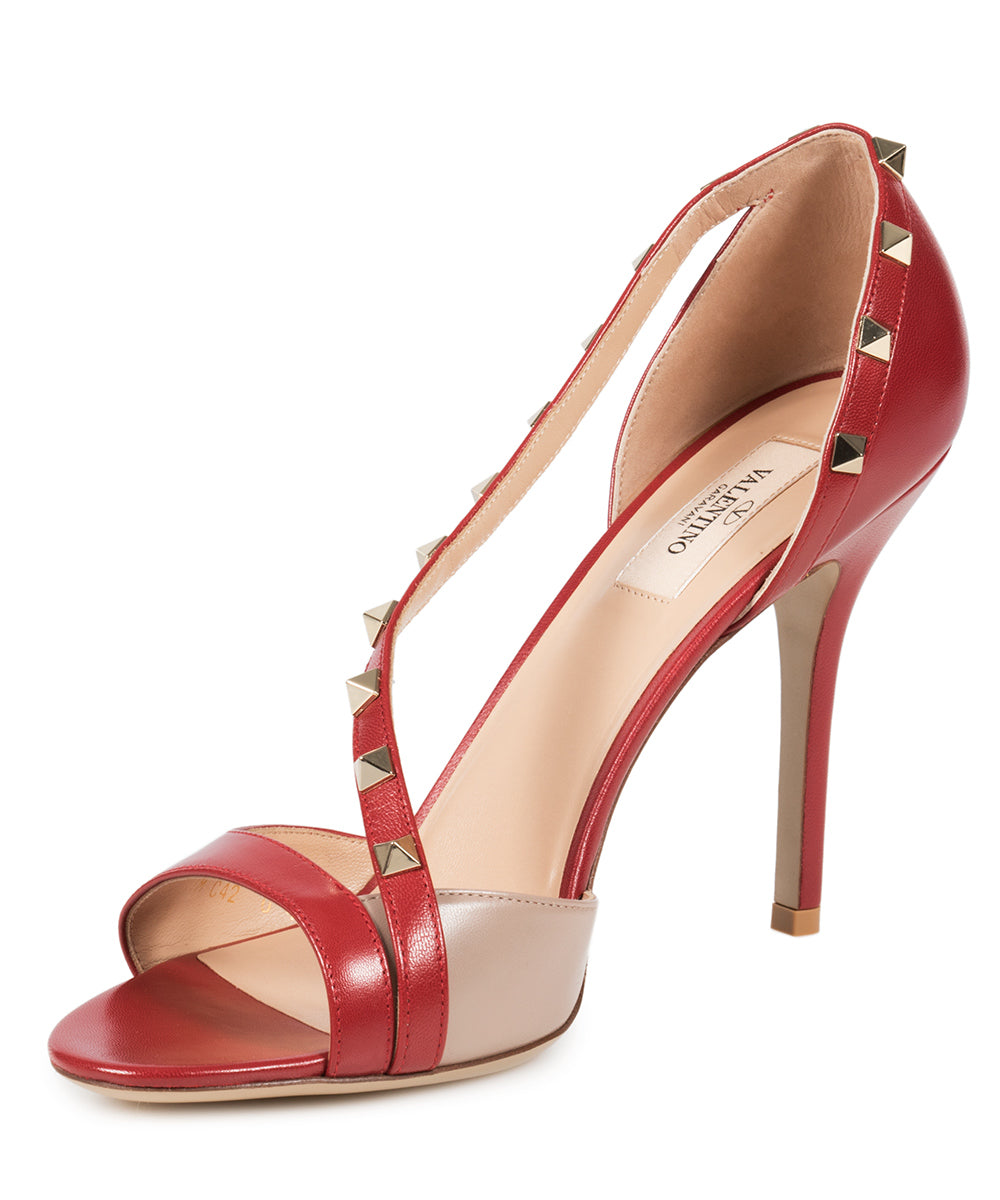 title:Valentino Rockstud Leather d'Orsay Peep Toe Pumps;color:Red