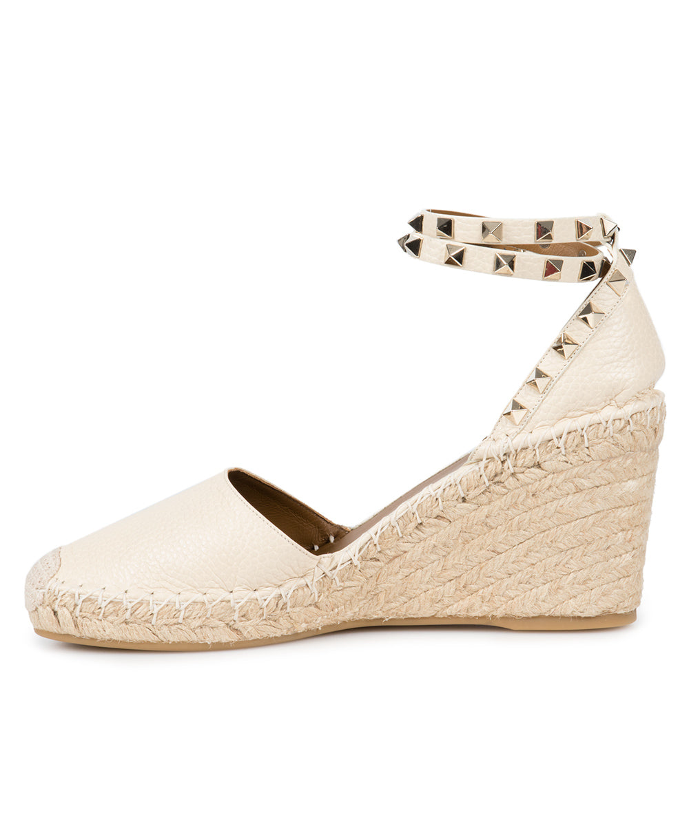 title:Valentino Light Ivory Rockstud Espadrille Wedge;color:Beige