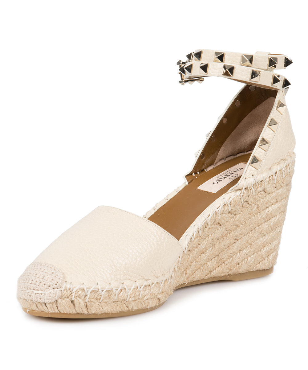 title:Valentino Light Ivory Rockstud Espadrille Wedge;color:Beige