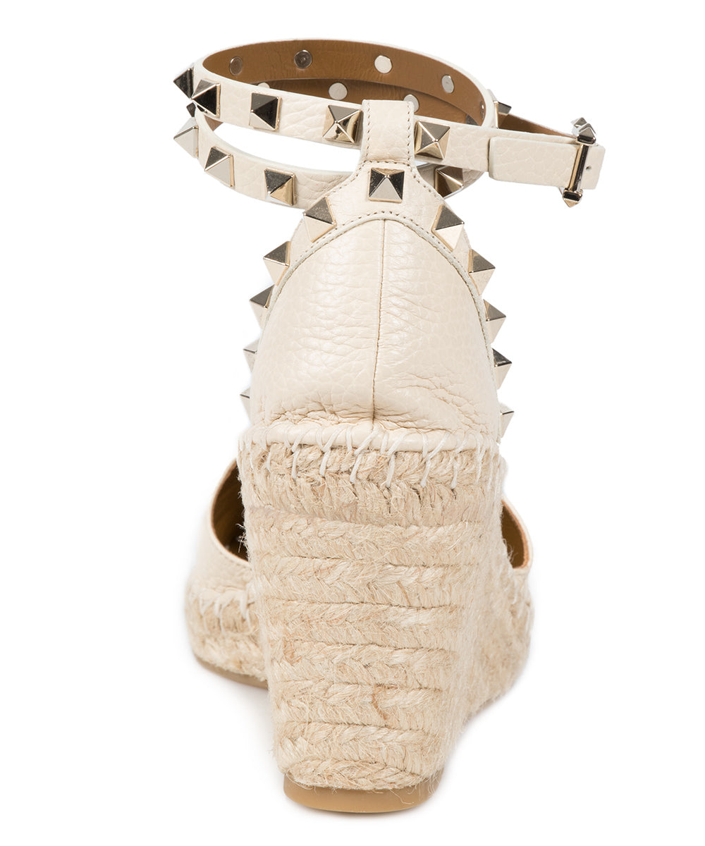 title:Valentino Light Ivory Rockstud Espadrille Wedge;color:Beige