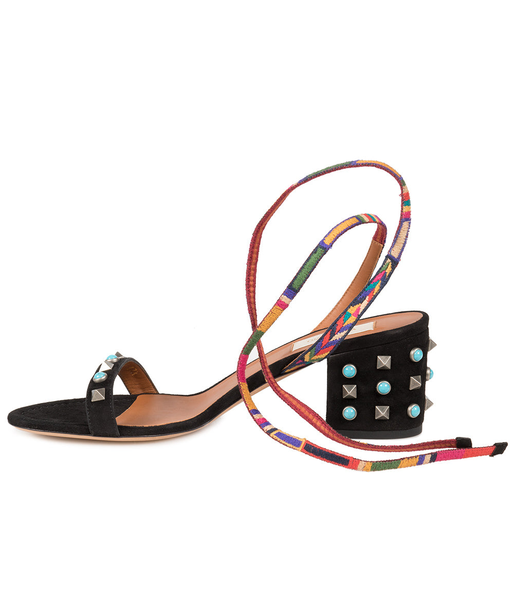 title:Valentino Black Suede Multicolored Rockstud Sandals;color:Black