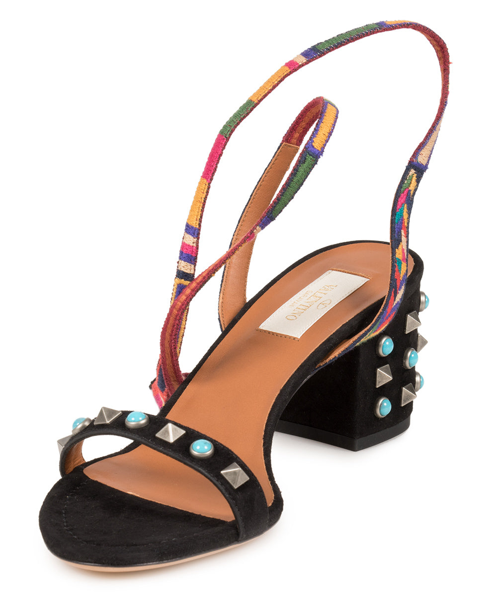 title:Valentino Black Suede Multicolored Rockstud Sandals;color:Black