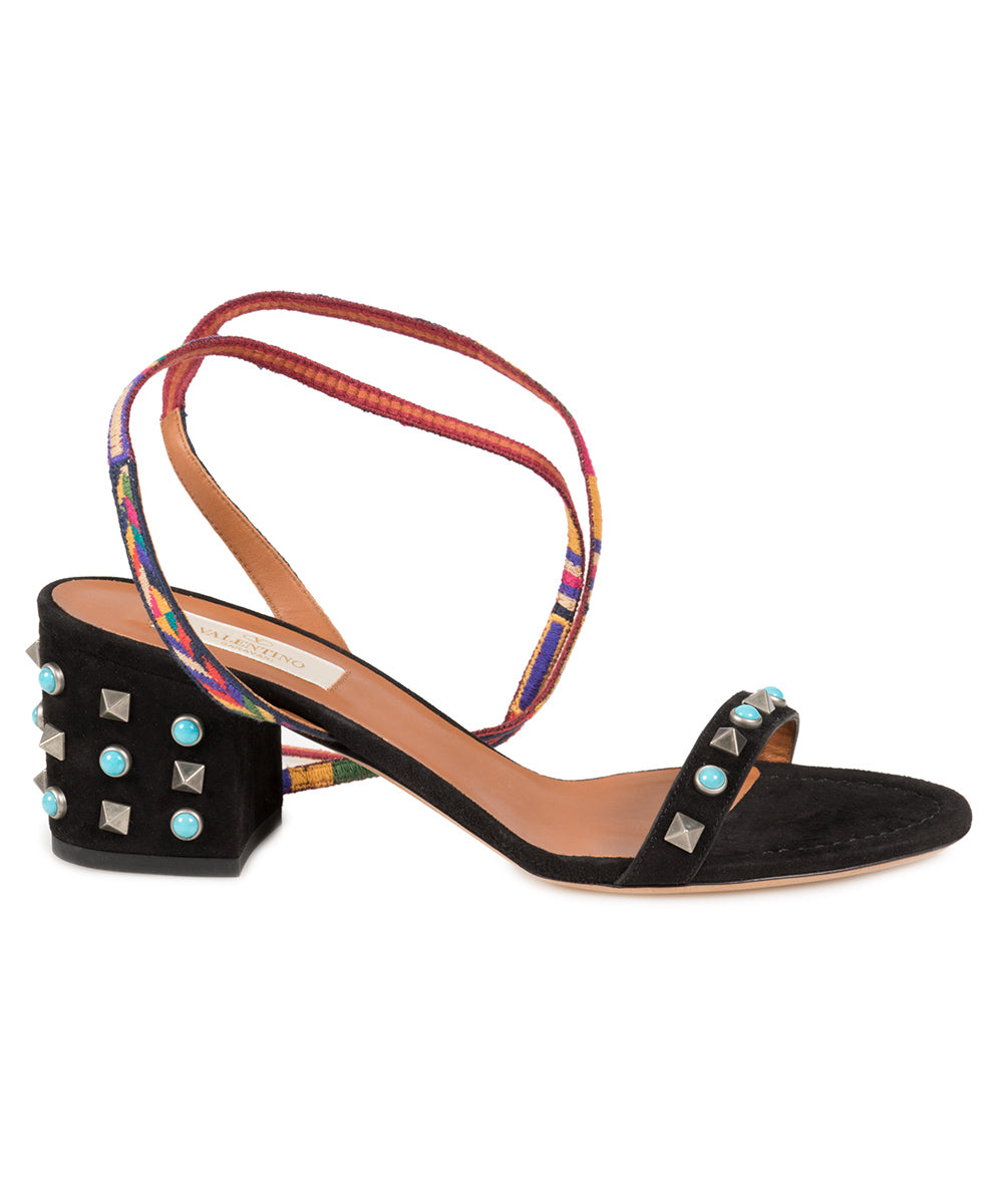 title:Valentino Black Suede Multicolored Rockstud Sandals;color:Black