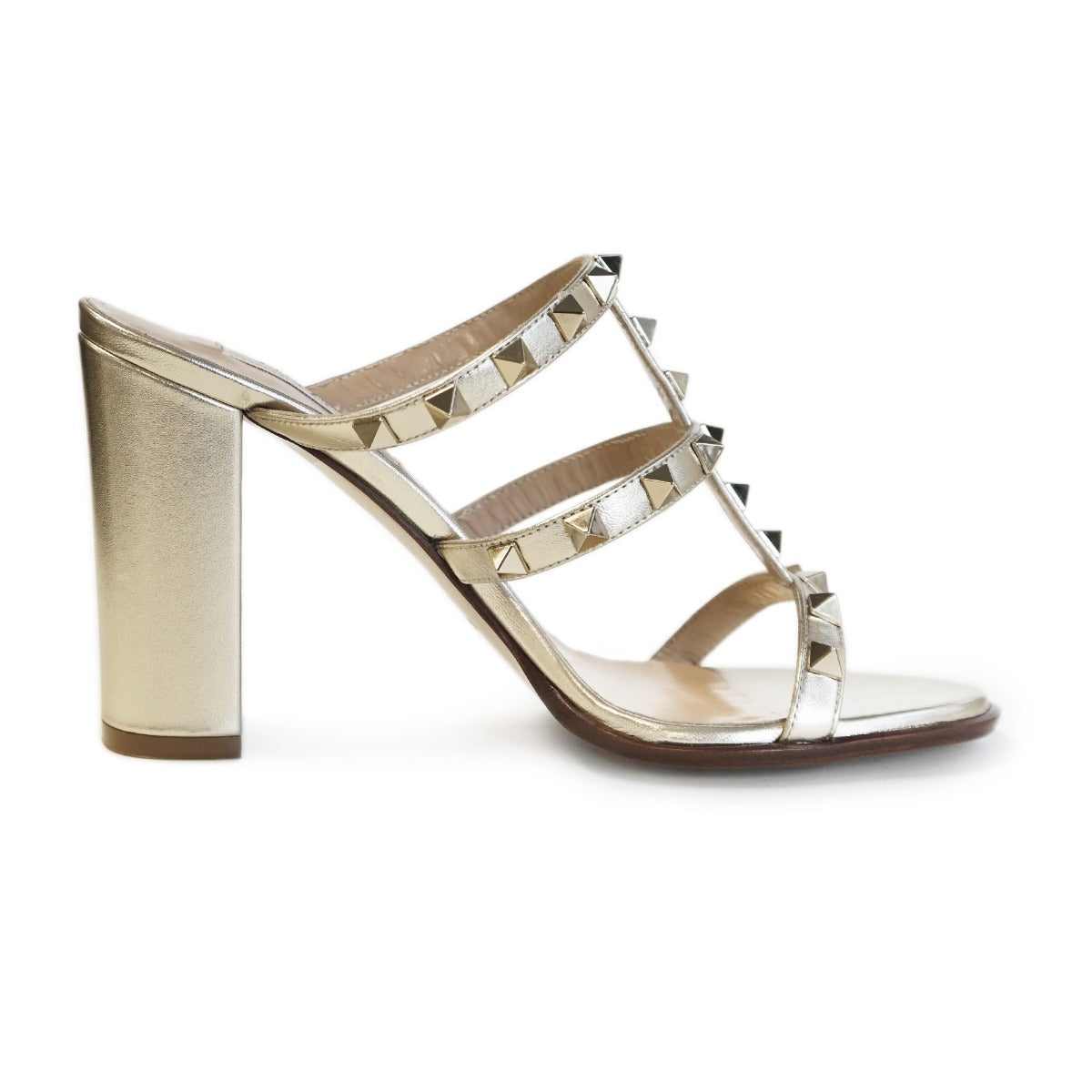 title:Valentino Rockstud Metallic Calfskin Leather Sandal 90 mm;color:Gold