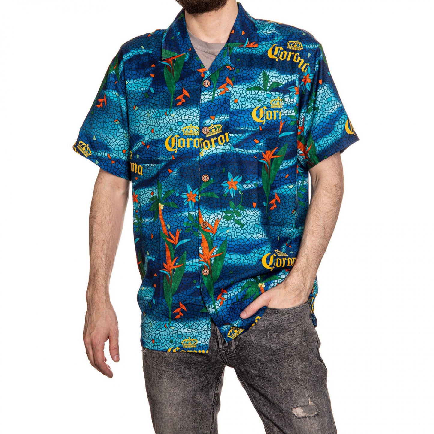 title:Corona Extra Message in a Bottle Floral Mosaic Hawaiian Button Up Shirt;color:Blue